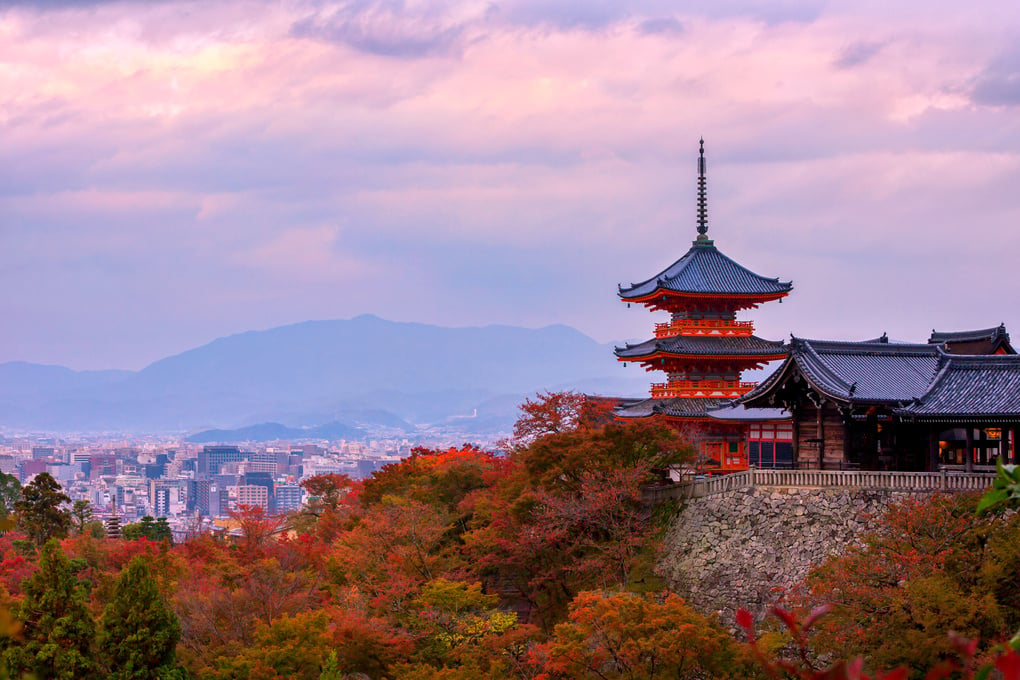 Sunrise over Sanjunoto Pagoda and Kiyomizu-Dera Temple in the Autumn Season, Kyoto